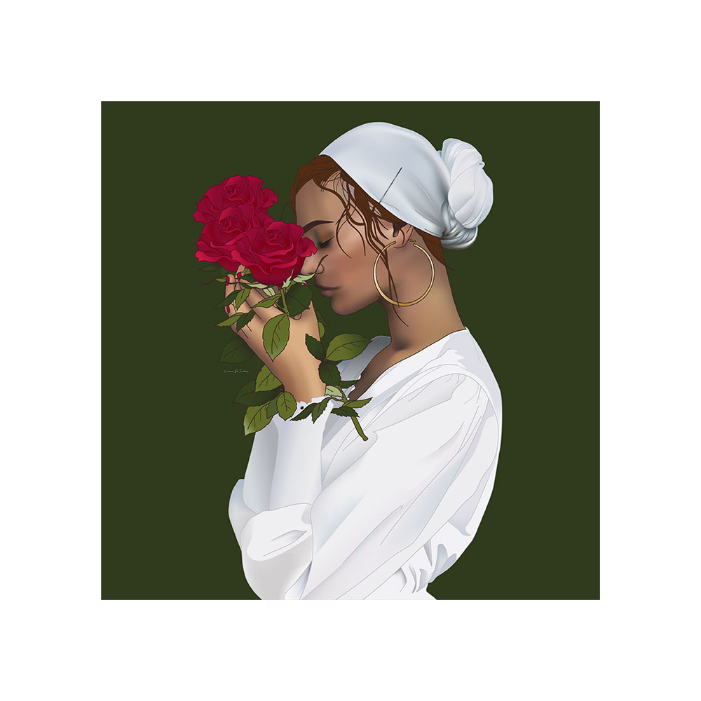 womani in white with red roses