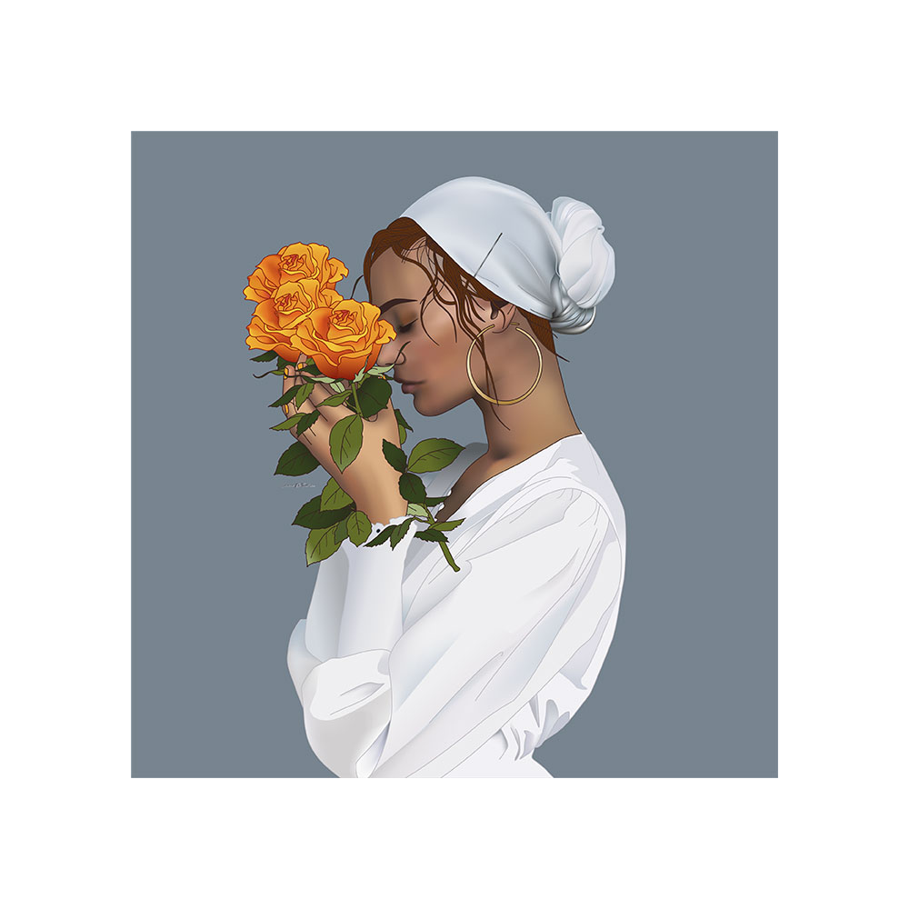 woman in white with yellow roses